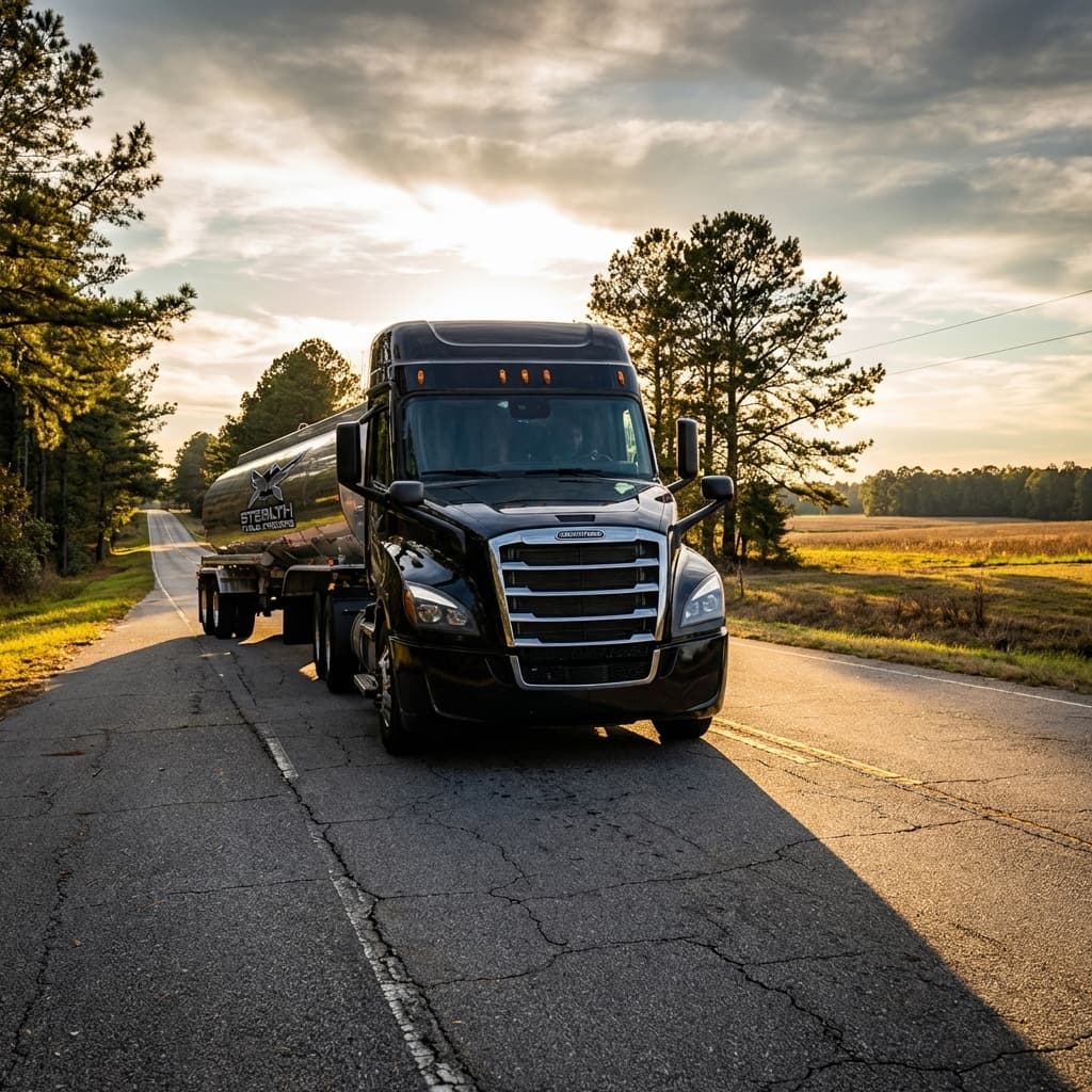 Stealth Fuels and Trucking black Freightliner tractor pulling a fuel tanker on a rural Southeastern US road at golden hour